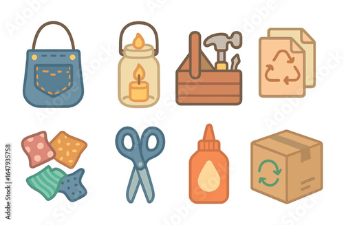 Kids' Upcycling Icons. Flat vector mini-illustrations Upcycling workshops in colors children's illustrations: