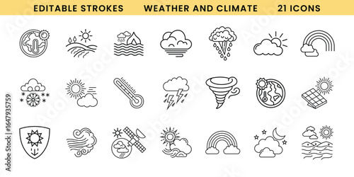 Weather and Climate Vector Icon Set. Editable Stroke Line Icons for Forecast, Nature, and Environment