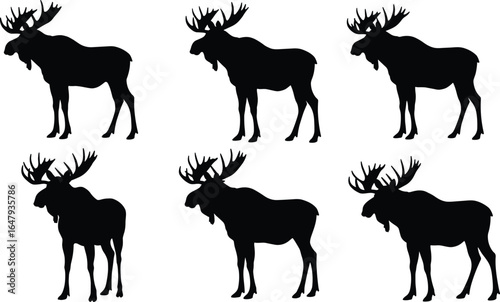 Collection of moose silhouettes with large antlers in various poses, perfect for wildlife, hunting, forest, and nature vector designs