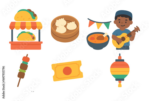 Street Food Festival. Flat vector mini-illustrations Multicultural street food festival in colors children's