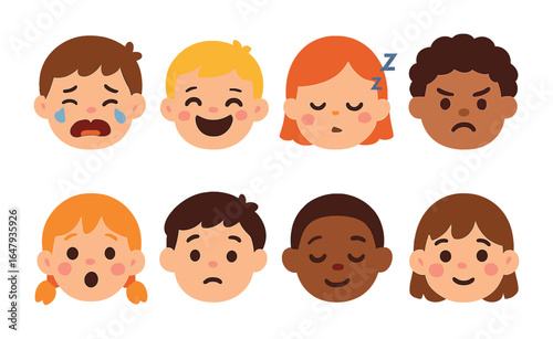 Children's Emotional Faces. Flat vector mini-illustrations Emotional faces of children in colors children's