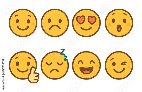 Colorful Emoji Grid. Flat vector mini-illustrations Social expression emojis in colors children's