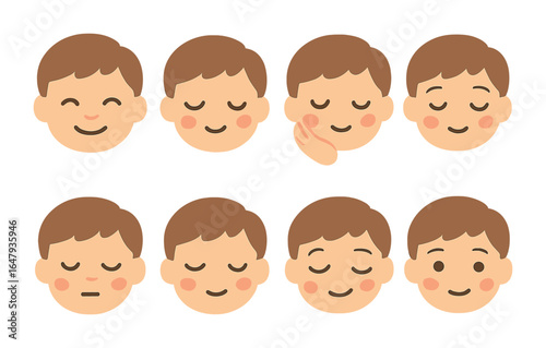 Serene Expressions Grid. Flat vector mini-illustrations Calm and peaceful facial expressions in colors