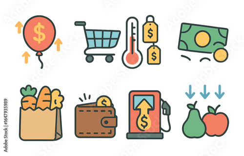 Colorful Economic Icons. Flat vector mini-illustrations inflation and deflation in colors children's