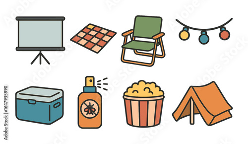 Outdoor Movie Night Icons. Flat vector mini-illustrations outdoor movie night in colors children's
