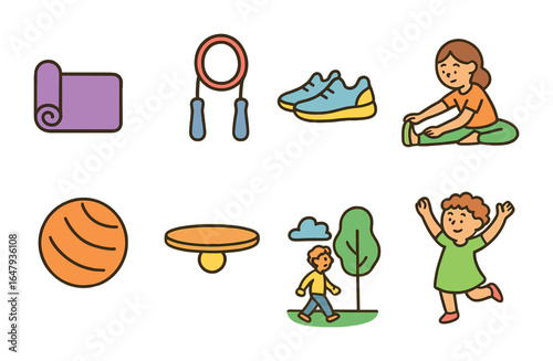 Kids Exercise Icons. Flat vector mini-illustrations stress-relief exercises in colors children's illustrations