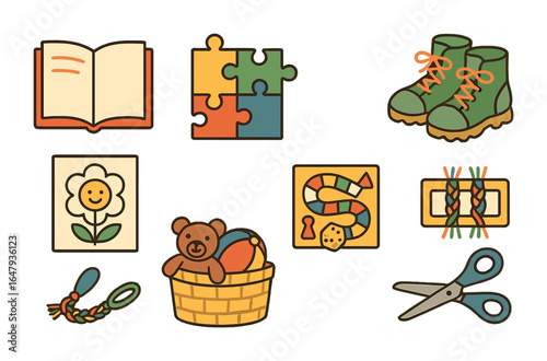 Screen-Free Activities Icons. Flat vector mini-illustrations screen-free time in colors children's
