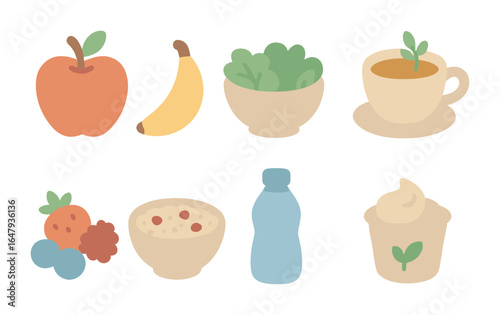 Kids' Healthy Food Icons. Flat vector mini-illustrations healthy food for calm in colors children's