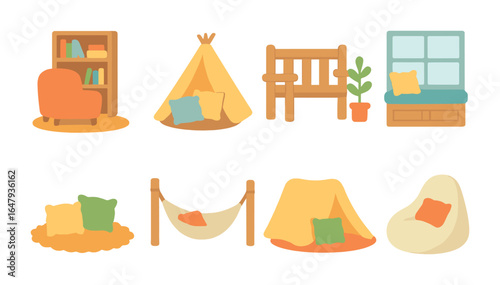 Cozy Relaxation Icons. Flat vector mini-illustrations safe spaces to relax in colors children's illustrations: