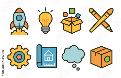 Innovative Icons for Kids. Flat vector mini-illustrations innovation in organizations in colors children's