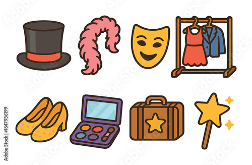Theater Props & Costumes. Flat vector mini-illustrations musical theater props and costumes in colors children