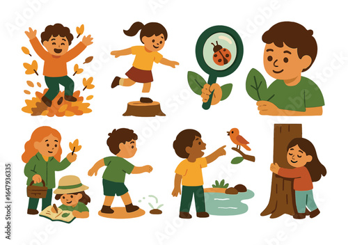 Forest Play Icons. Flat vector mini-illustrations children playing in the forest in colors children's