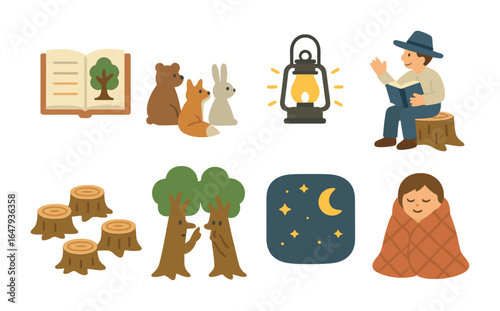 Enchanted Forest Storytime. Flat vector mini-illustrations forest storytelling time in colors children's