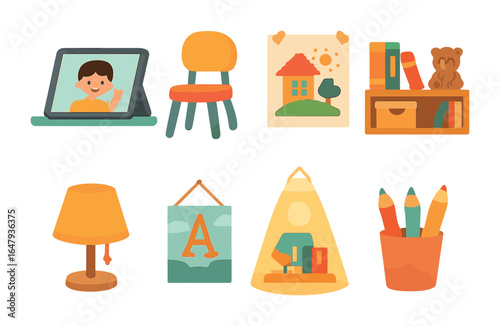 Kids' Video Call Setup. Flat vector mini-illustrations kids' video call setups in colors children's