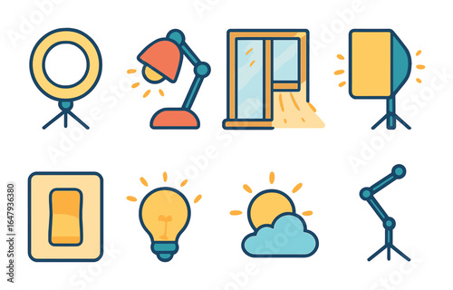 Children's Lighting Icons. Flat vector mini-illustrations good lighting for video calls in colors children's