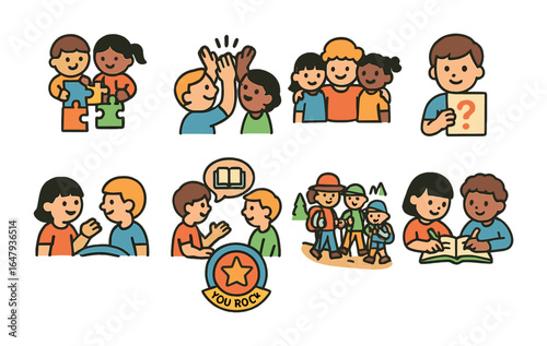 Team Building Icons. Flat vector mini-illustrations team building through communication in colors children's