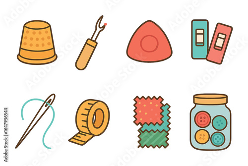 Sewing Tools Icons. Flat vector mini-illustrations tools of the sewing trade in colors children's