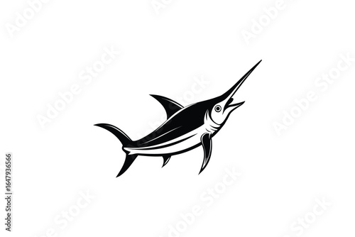 A black and white illustration of a swordfish swimming in water silhouette