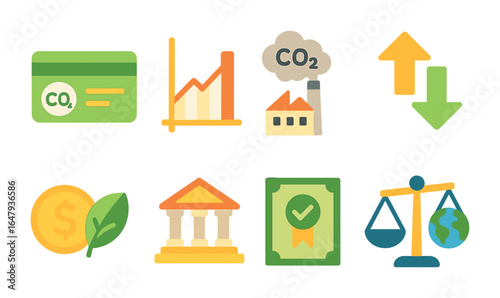 Carbon Market Icons. Flat vector mini-illustrations carbon trading markets in colors children's illustrations: