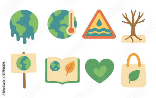 Climate Awareness Icons. Flat vector mini-illustrations climate change awareness in colors children's