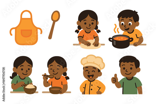 Kids Cooking Indian. Flat vector mini-illustrations cooking with kids – Indian food edition in colors children