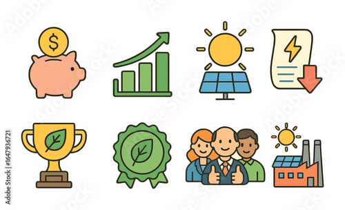 Solar Business Benefits. Flat vector mini-illustrations benefits of solar energy for businesses in colors