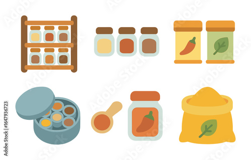 Colorful Spice Icons. Flat vector mini-illustrations Indian spices and storage in colors children's