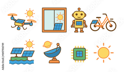 Solar Innovation Icons. Flat vector mini-illustrations the future of solar innovation in colors children's