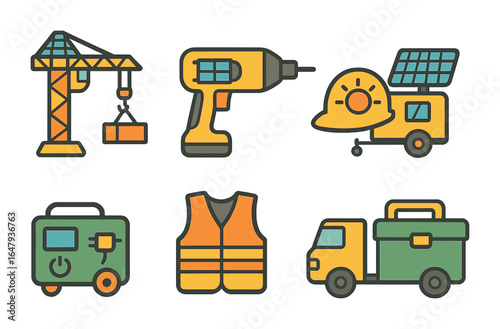 Solar Construction Icons. Flat vector mini-illustrations solar-powered construction sites in colors children's