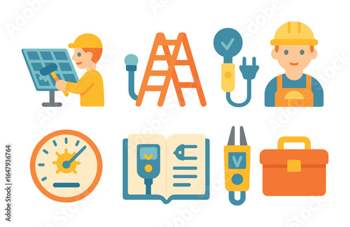 Solar System Icons. Flat vector mini-illustrations solar system maintenance in colors children's illustrations