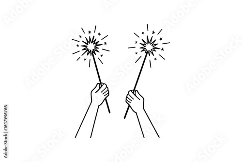Hands holding sparklers with sparks on white background in simple line drawing style silhouette