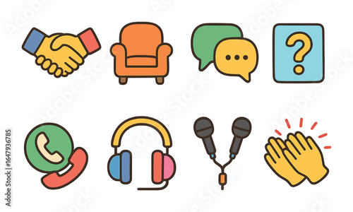 Children's Podcast Icons. Flat vector mini-illustrations podcast guest interviews in colors children's