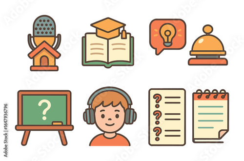 Educational Podcast Icons. Flat vector mini-illustrations podcasting for education in colors children's
