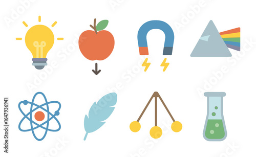 Physics Icons for Kids. Flat vector mini-illustrations physics discoveries in colors children's illustrations: