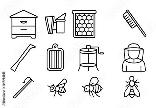 Beekeeping Tools Icons. Outline icon set of beekeeping tools: beehive, smoker, honeycomb frame, bee brush,