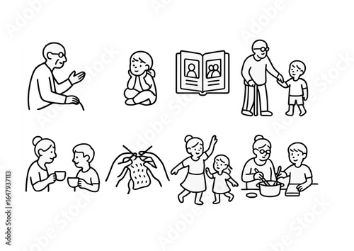 Intergenerational Bonding Icons. Outline icon set of intergenerational bonding: elder telling story,