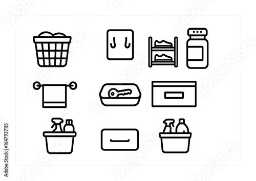 Home Organization Icons. Outline icon set of home organization: laundry basket, coat hook, shoe rack, spice
