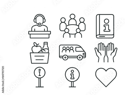 Community Support Icons. Outline icon set of community support services: help desk, support group circle,