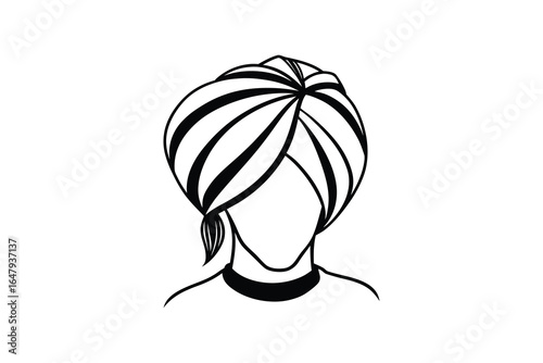 A black and white illustration of a person wearing a turban and choker necklace silhouette