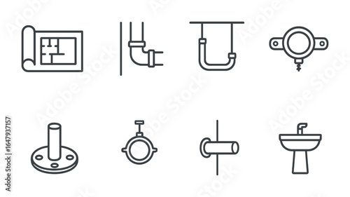 Plumbing Icon Grid. Outline icon set of new plumbing installations: blueprint, wall pipe, ceiling pipe,