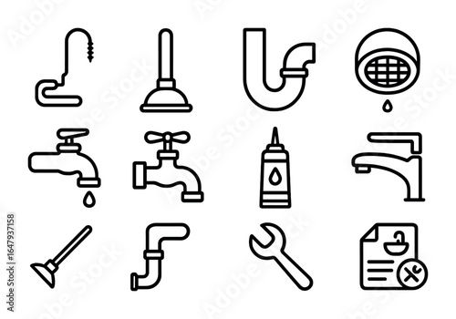 Bathroom Plumbing Icons. Outline icon set of bathroom plumbing services: drain snake, plunger, sink trap,