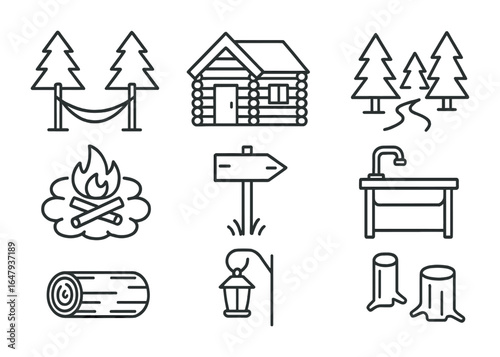 Forest Retreat Icons. Outline icon set of forest retreat setup: hammock, wooden cabin, nature trail, fire