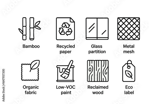 Eco-Friendly Office Icons. Outline icon set of sustainable office materials: bamboo surface, recycled paper,