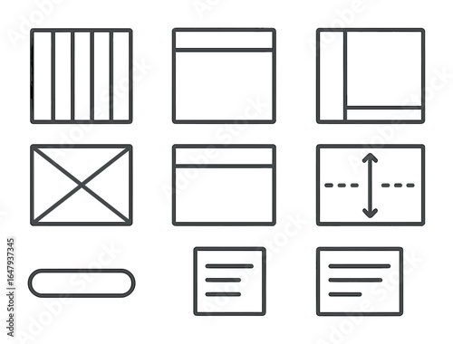 UI Wireframe Icon Set. Outline icon set of UI wireframe layouts: column grid, header block, sidebar box,