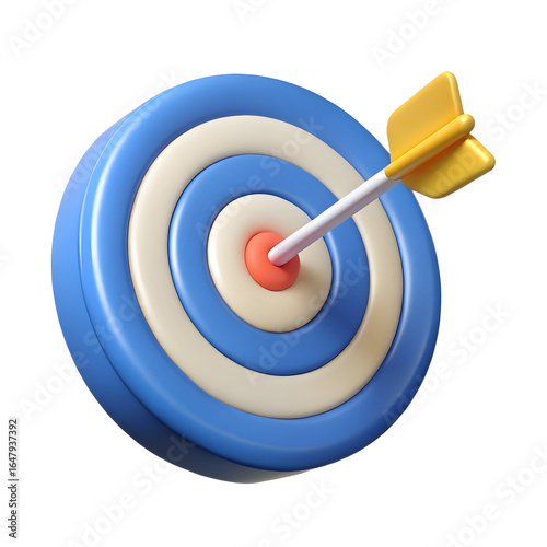 3D Render Arrow Hitting Bullseye Target isolated on transparent background