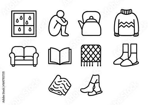 Rainy Day Icons. Outline icon set of rainy day indoor comfort: raindrop window, curled up figure, tea kettle,