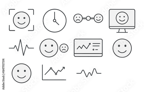 Real-Time Emotion Icons. Outline icon set of real-time emotion feedback: live face scan, response time clock,