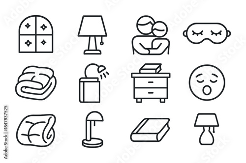 Cozy Bedtime Icons. Outline icon set of bedtime cozy moments: starry window, night lamp, cuddle position,