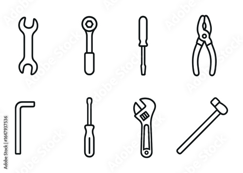 Mechanic Tool Icons. Outline icon set of hand tools for mechanics: open-end wrench, socket wrench, screwdriver