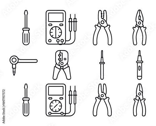 Electrical Tool Icons. Outline icon set of electrical tool kit: insulated screwdriver, multimeter, wire